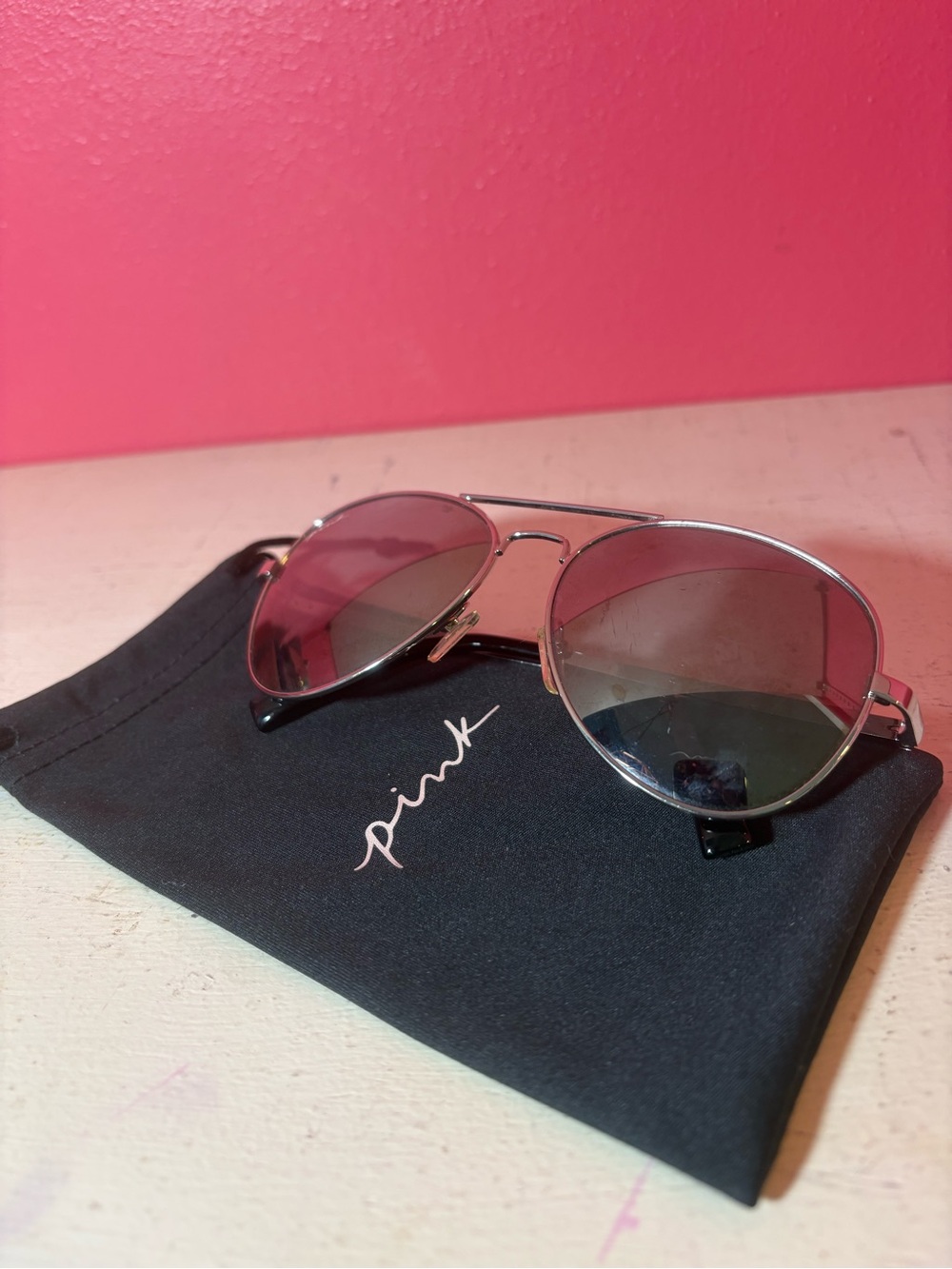Victoria's Secret PINK * Silver Aviator Sunglasses with Fabric Case Ladies 2023